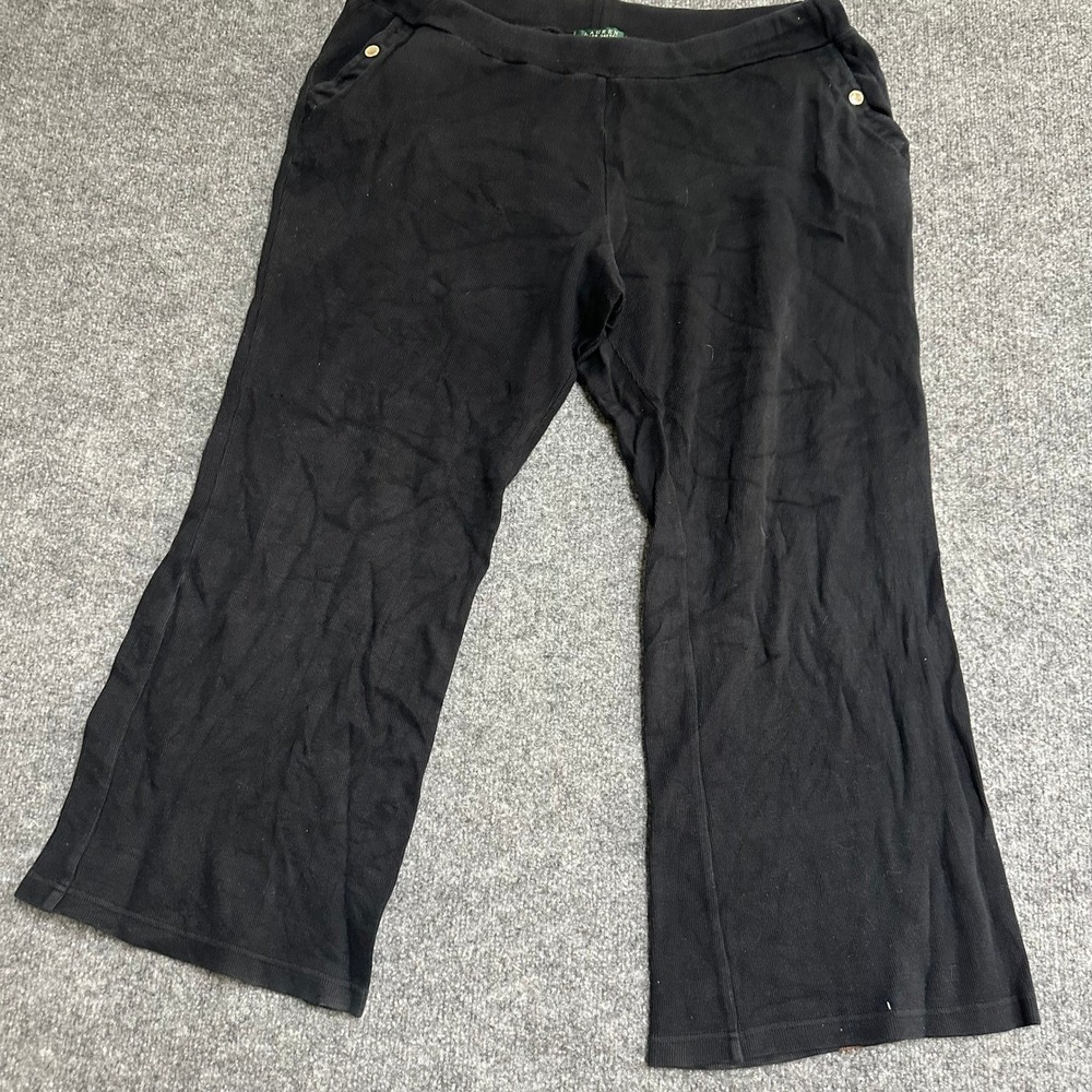 Lauren Ralph Lauren Pants Womens Size L Black Ribbed Cotton Wide Leg Loungewear